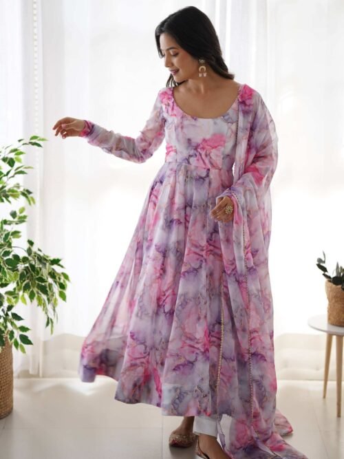 Exquisite Pink Organza Floral Print Anarkali Suit with Dupatta