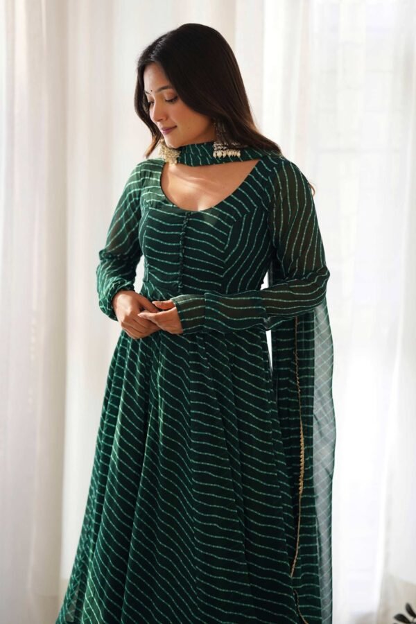 Exquisite Bottle Green Laheriya Print Georgette Anarkali Suit with Dupatta