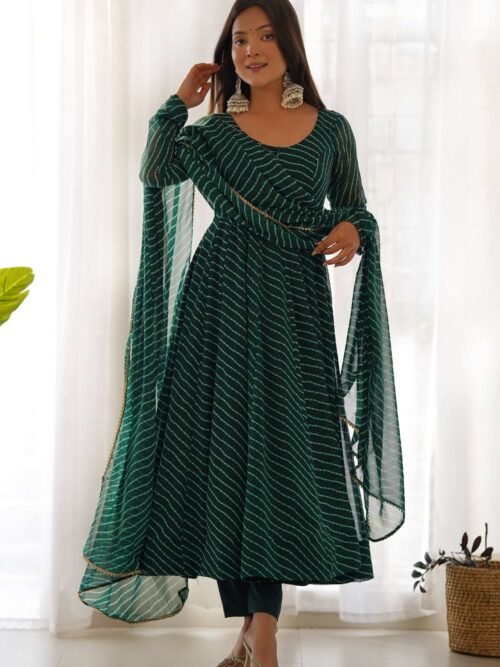 Exquisite Bottle Green Laheriya Print Georgette Anarkali Suit with Dupatta