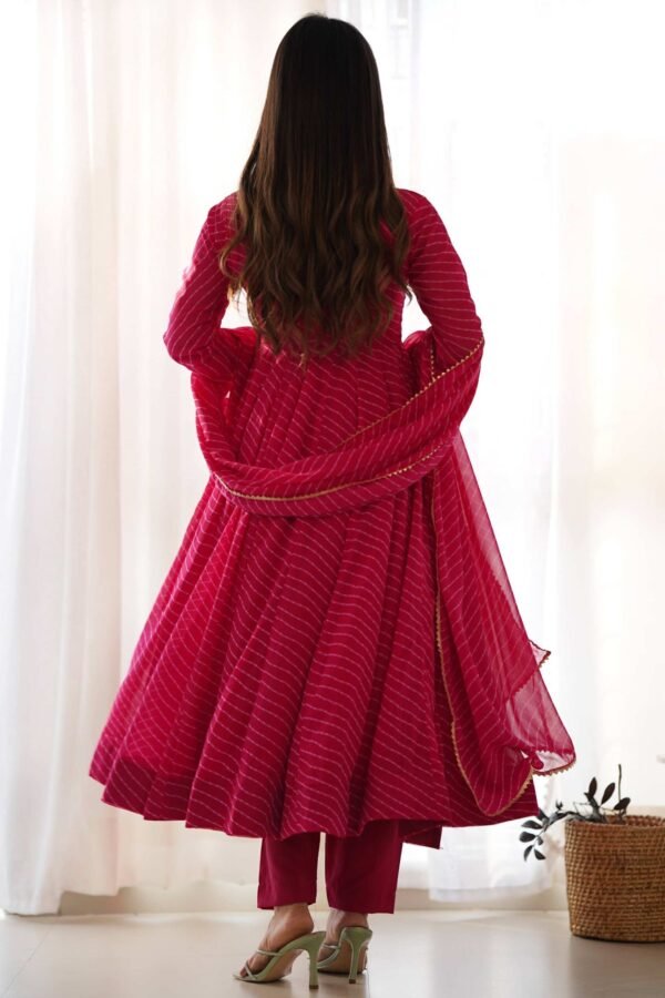 Vibrant Rani Pink Georgette Laheriya Print Anarkali Suit with Dupatta