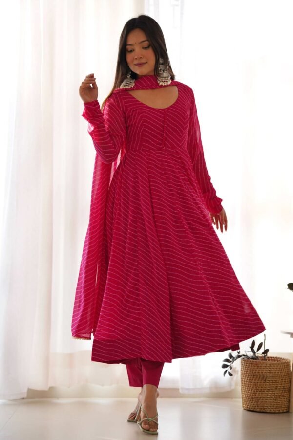 Vibrant Rani Pink Georgette Laheriya Print Anarkali Suit with Dupatta