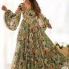 Elegant Floral Print Soft Fox Georgette Maxi Dress with Balloon Sleeves - Fully Flared