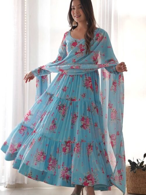 Sky Blue Floral 3-Layer Georgette Gown with Dupatta