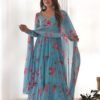Sky Blue Floral 3-Layer Georgette Gown with Dupatta