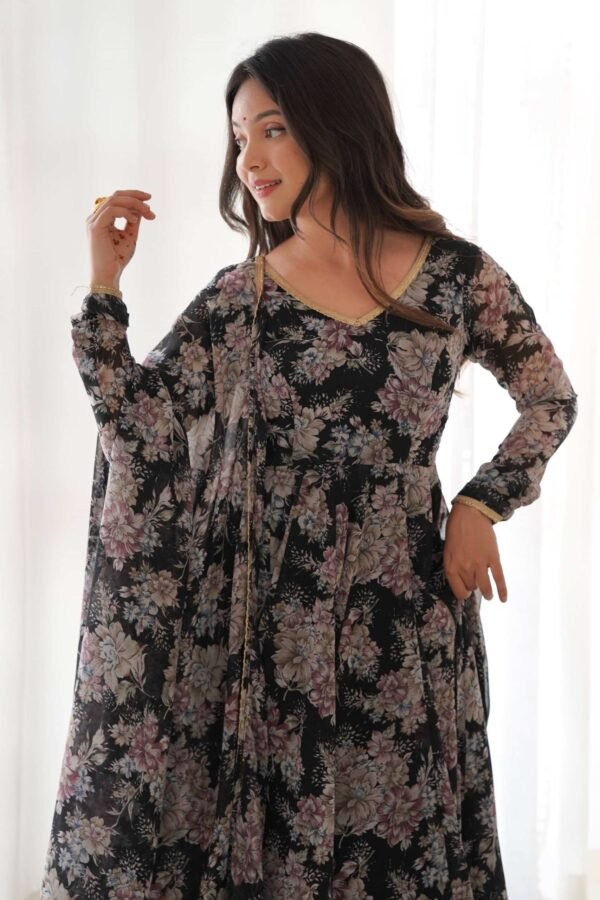 Black Floral Georgette Anarkali Suit Set with Dupatta