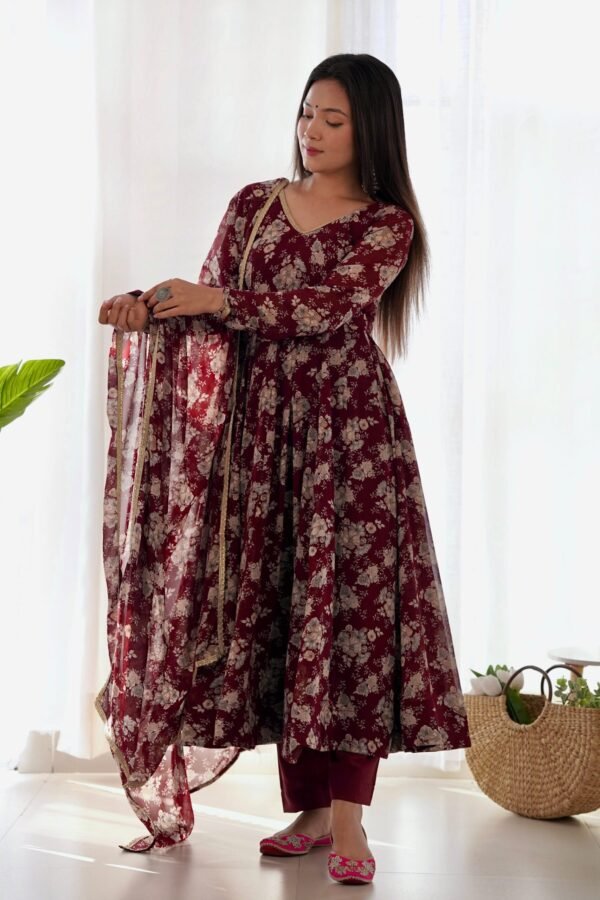 Elegant Multi Floral Print Fox Georgette Anarkali Suit Set