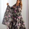 Black Organza Silk Floral Print Anarkali Suit Set