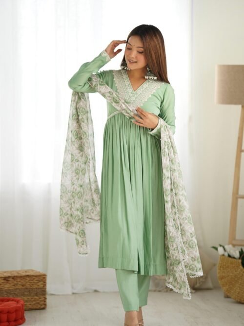 Pista Color Nyra Cut Kurta Suit with Floral Tabby Organza Dupatta