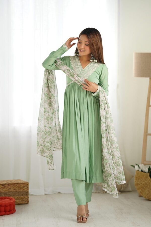 Pista Color Nyra Cut Kurta Suit with Floral Tabby Organza Dupatta
