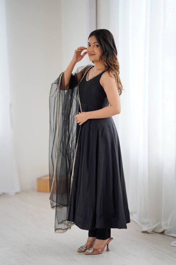 Black Color Sleeveless Roman Silk Chanderi Anarkali Suit