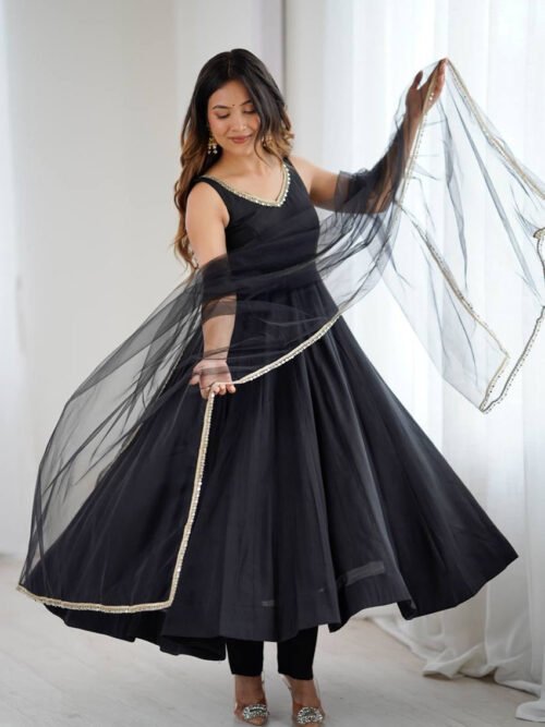 Black Color Sleeveless Roman Silk Chanderi Anarkali Suit
