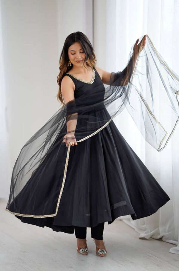 Black Color Sleeveless Roman Silk Chanderi Anarkali Suit