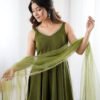 Mehndi Green Roman Silk Anarkali Suit Set