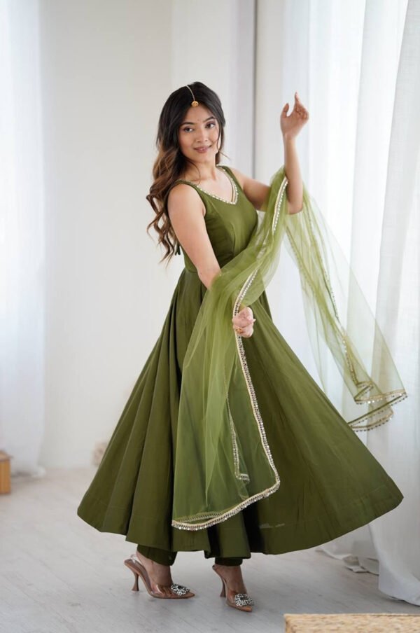 Mehndi Green Roman Silk Anarkali Suit Set