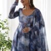 Navy Blue Organza Anarkali Gown with Marble Print