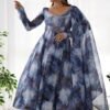 Navy Blue Organza Anarkali Gown with Marble Print