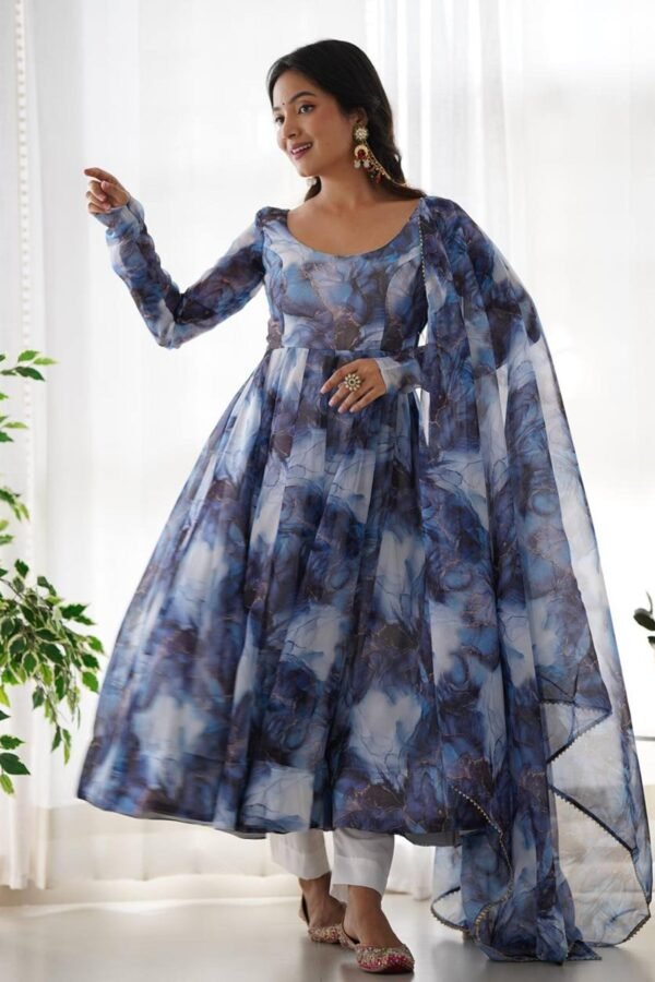 Navy Blue Organza Anarkali Gown with Marble Print