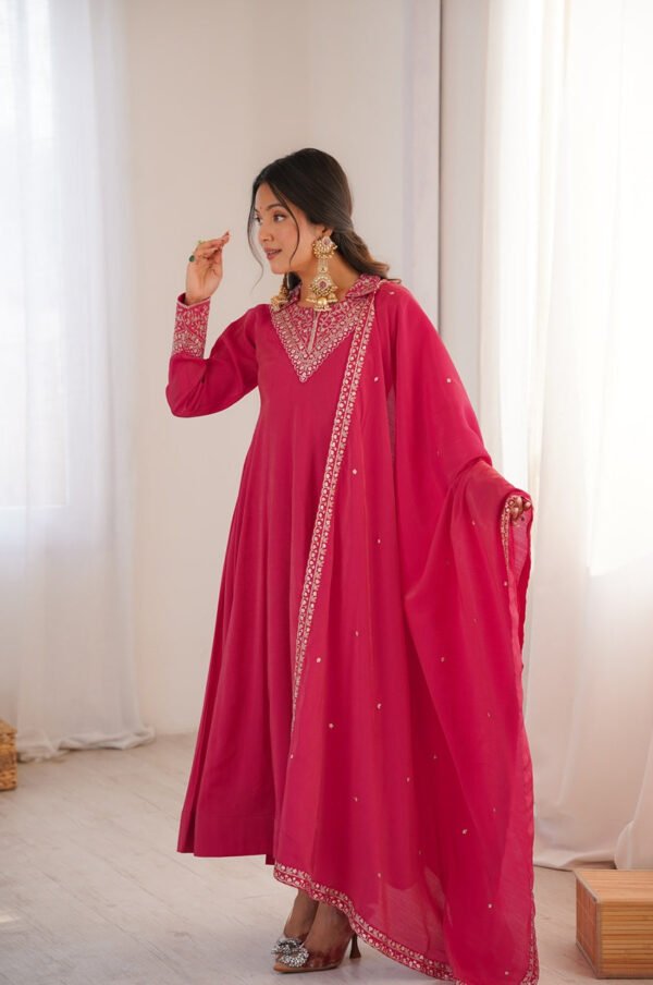 Rani Pink Roman Shimmer Silk Fully Flare Anarkali Set