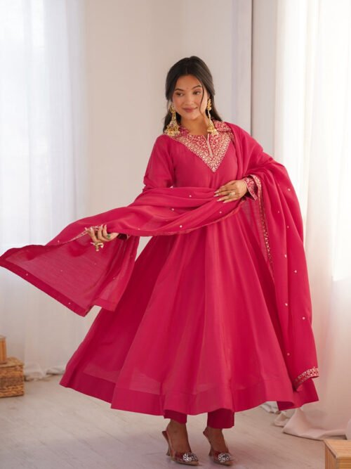 Rani Pink Roman Shimmer Silk Fully Flare Anarkali Set