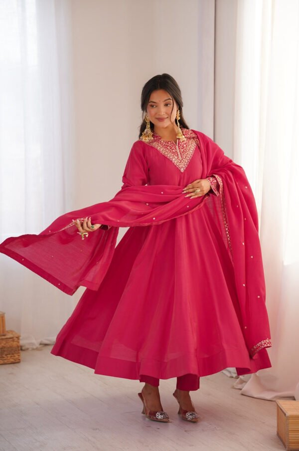 Rani Pink Roman Shimmer Silk Fully Flare Anarkali Set