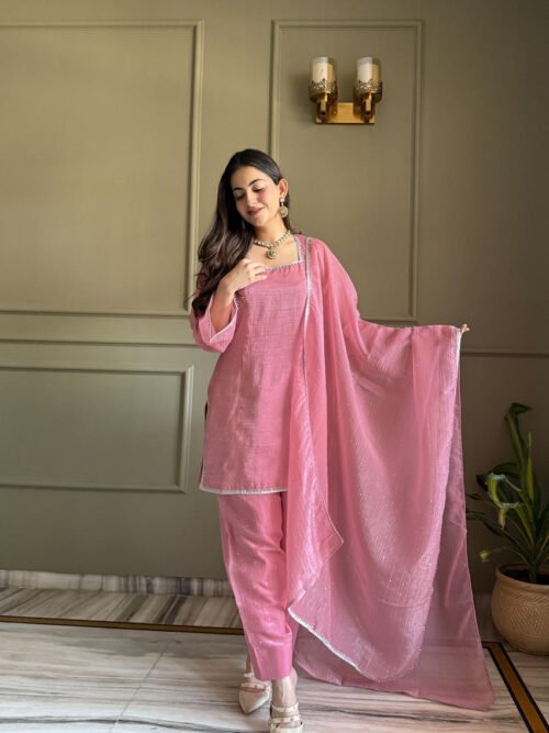 Pink Crunchy Silk Farshi Salwar Suit with Swarovski Work