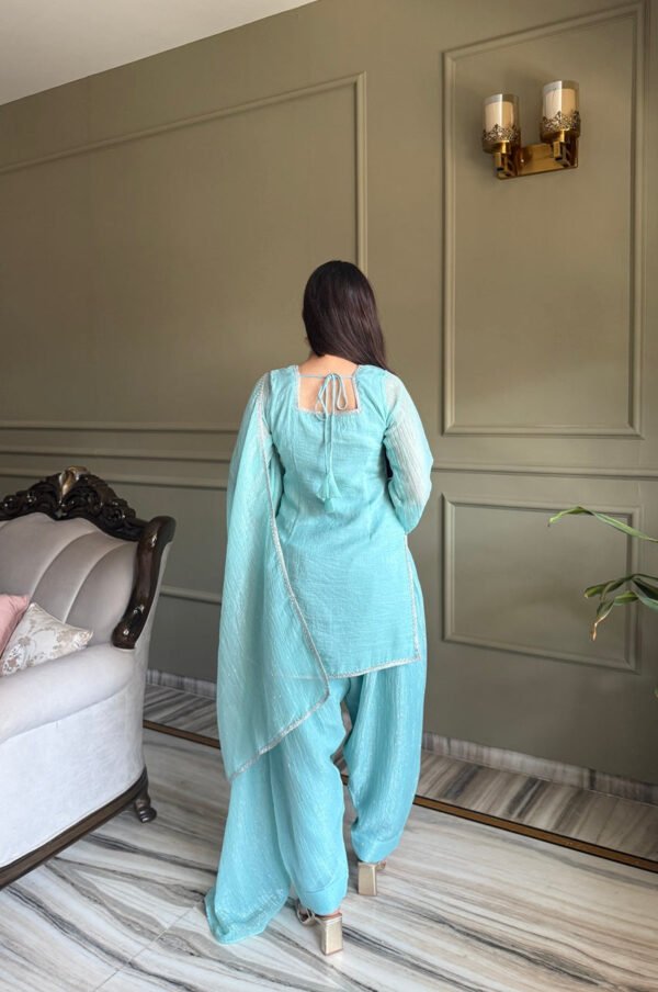 Cute Teal Crunchy Silk Farshi Salwar Suit