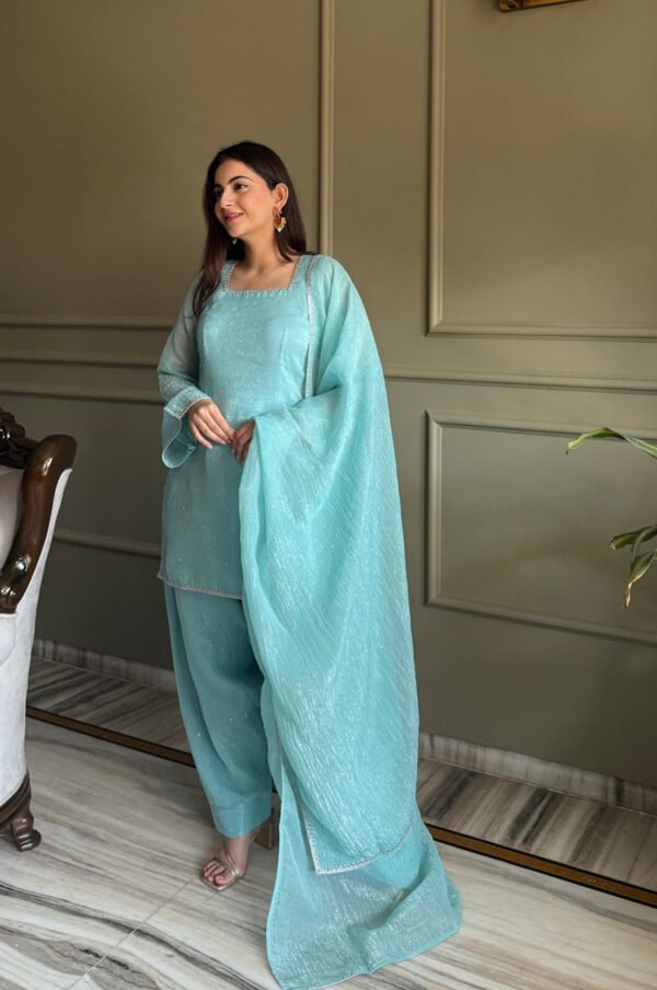 Cute Teal Crunchy Silk Farshi Salwar Suit
