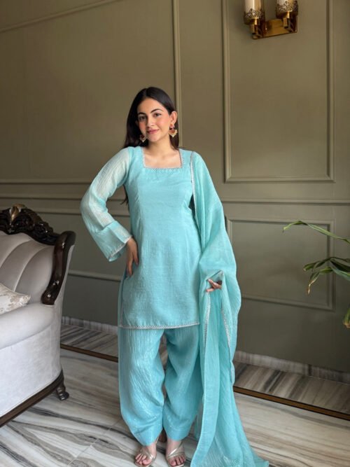Cute Teal Crunchy Silk Farshi Salwar Suit