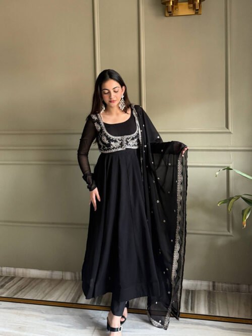 Jacket Style Black Anarkali Suit Set – Party Wear Georgette Anarkali Dress for Women