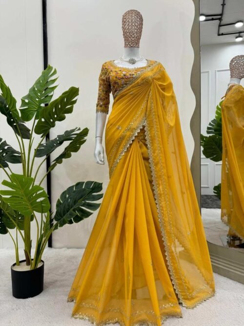 Yellow Color Beautiful Designer Saree on Tibby Silk Fabric