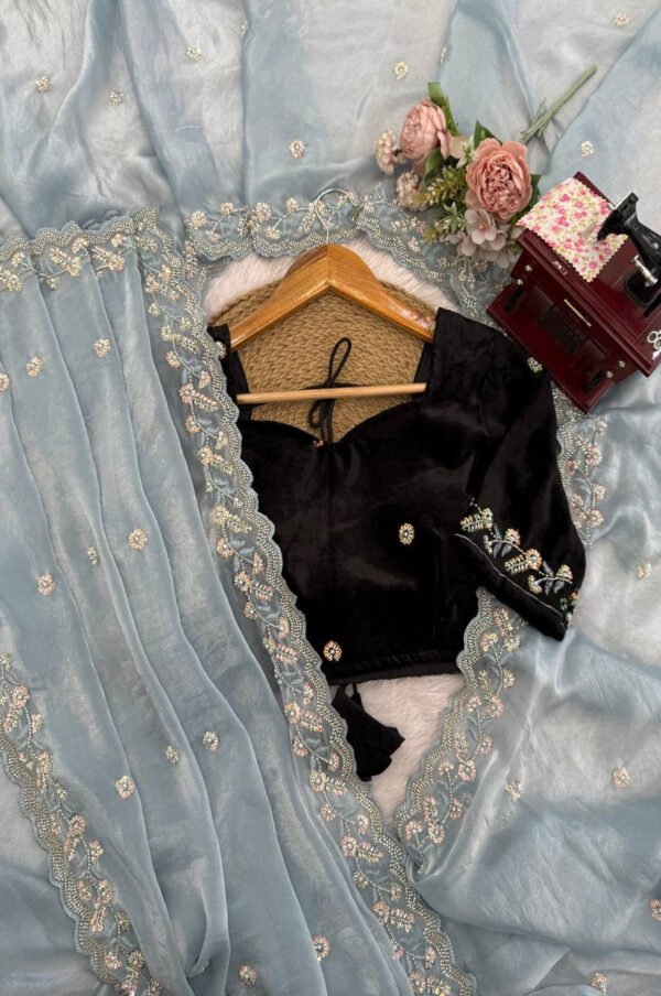 Sea Grey Fendy Silk Heavy Saree