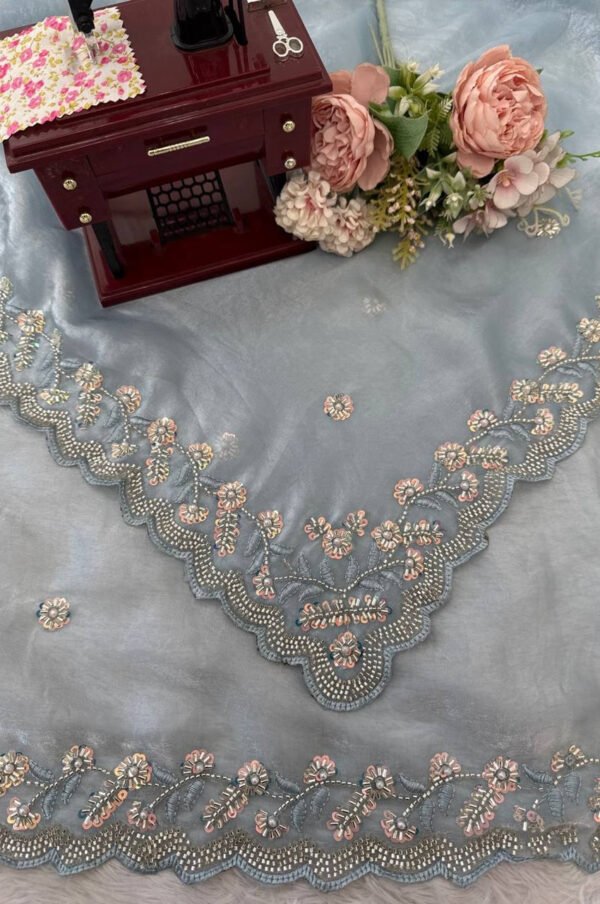 Sea Grey Fendy Silk Heavy Saree