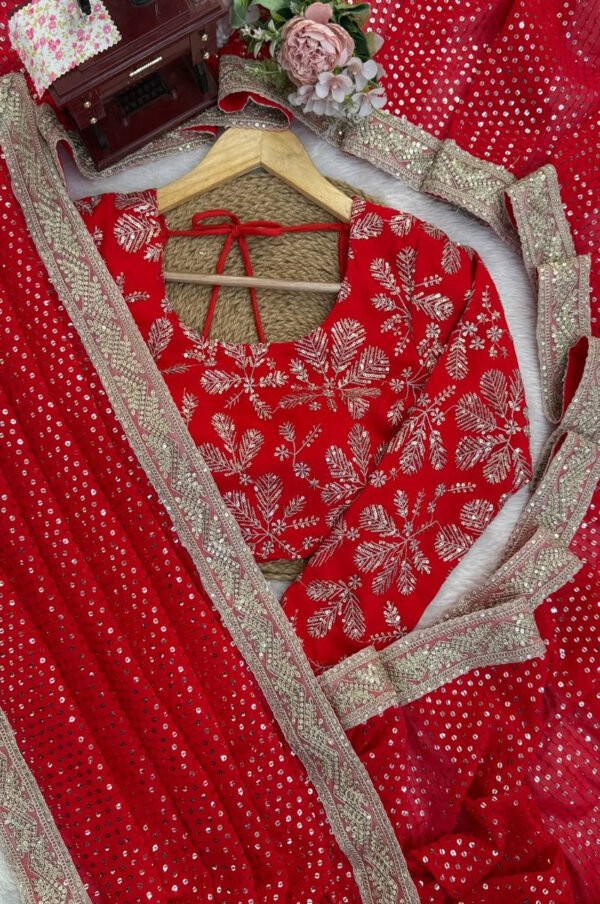 Premium Red Faux Blooming Georgette Saree with Thread & Sequence Work