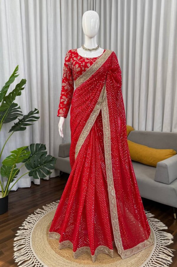 Premium Red Faux Blooming Georgette Saree with Thread & Sequence Work