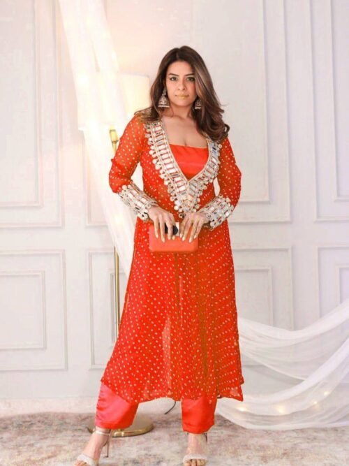 Orange Bandhani Print Mirror Work Cord Set