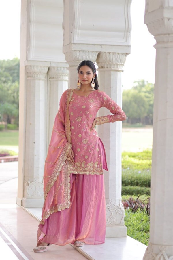 Charm Pink Color Fendy Silk Sharara Set