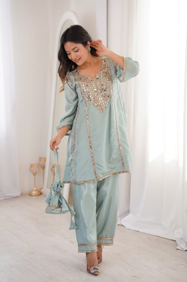 Premium Misty Blue Real Mirror Work Suit Set in HO Fabric