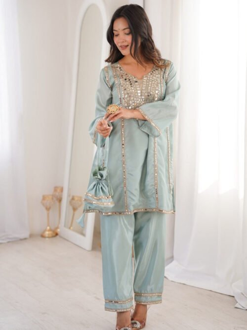 Premium Misty Blue Real Mirror Work Suit Set in HO Fabric