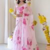 Light Pink Floral Print Georgette Ruffle Saree with Stitched Blouse