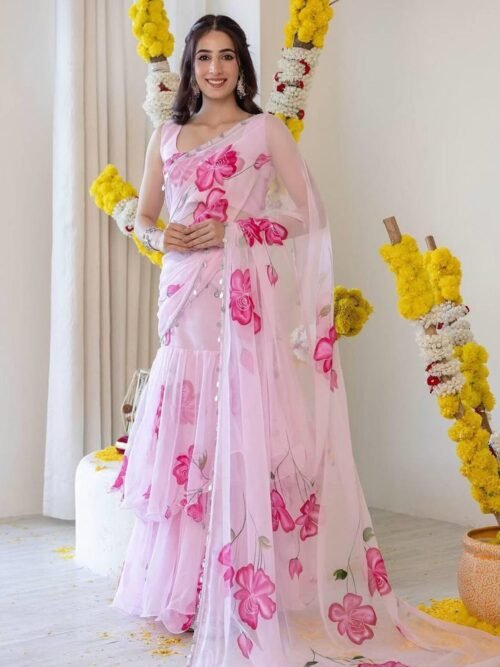 Light Pink Floral Print Georgette Ruffle Saree with Stitched Blouse