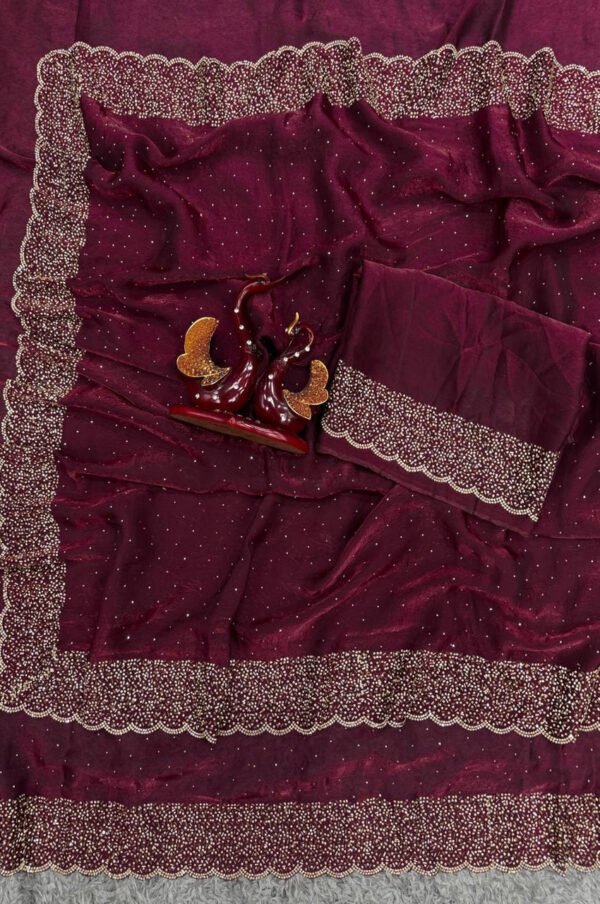 Cherry Oak Space Silk Heavy Saree with Original Jarkhan Diamond Work
