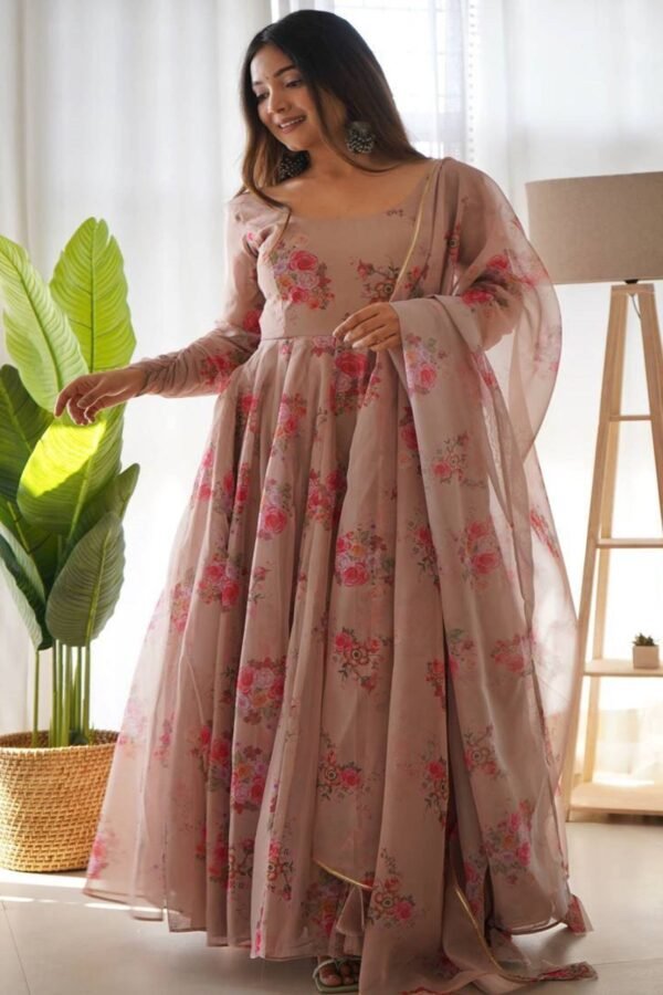 Elegant Beige Tabby Organza Floral Print Gown with Dupatta