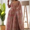 Elegant Beige Tabby Organza Floral Print Gown with Dupatta