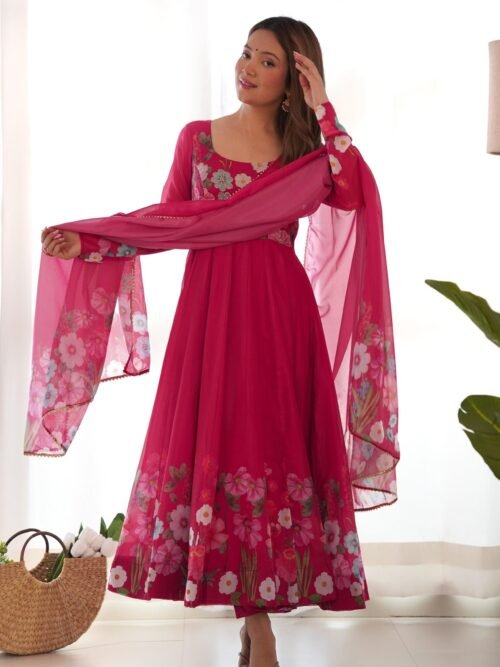 Rani Pink Flower Print Organza Silk Anarkali Suit Set