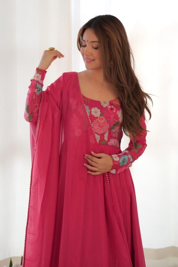 Rani Pink Flower Print Organza Silk Anarkali Suit Set