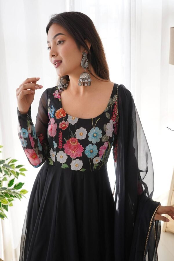 Elegant Black Floral Print Anarkali with Zari Work and Dupatta - Ready-to-Wear