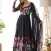 Elegant Black Floral Print Anarkali with Zari Work and Dupatta - Ready-to-Wear