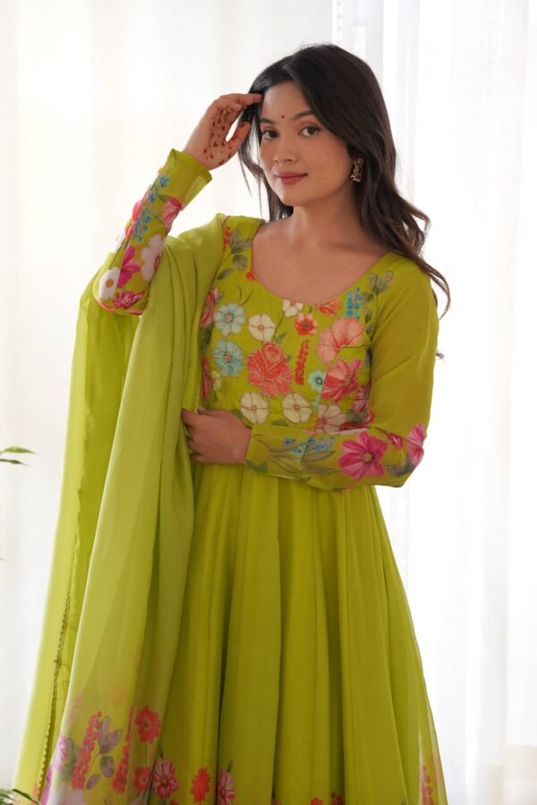 Ready-to-Wear Neon Yellow Floral Anarkali with Handwork & Dupatta