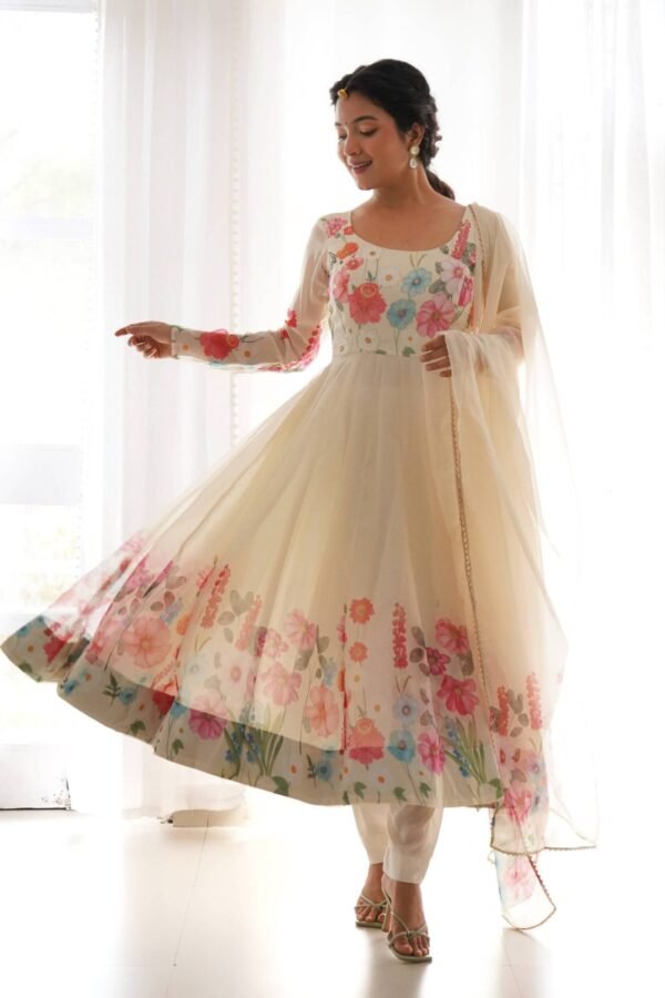 Floral Elegance: Cream Color Flower Print Anarkali with Zari Work and Dupatta