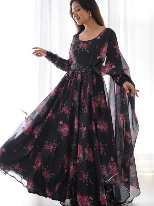 Ready-to-Wear Black Floral Gown with Dupatta